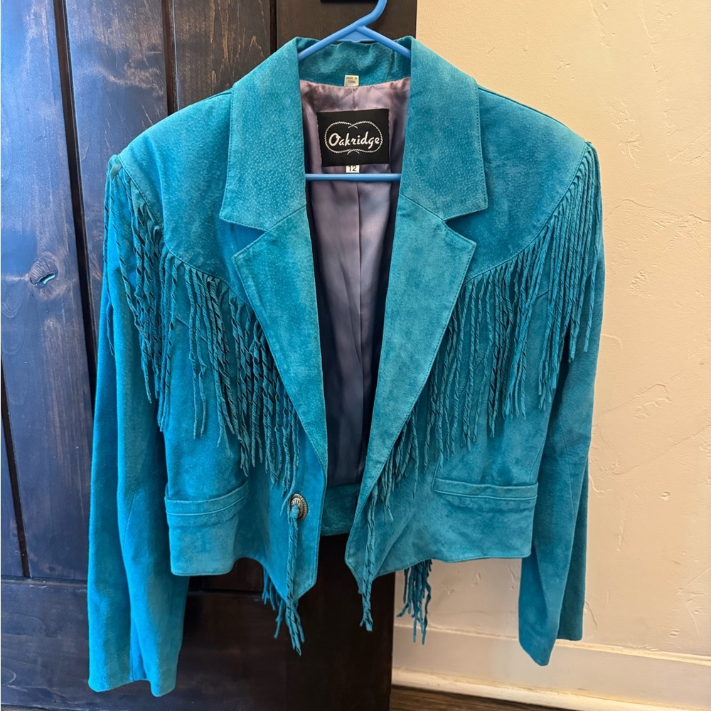 Women's Vintage Genuine Suede Leather Teal Fringe Jacket Western Size 12
